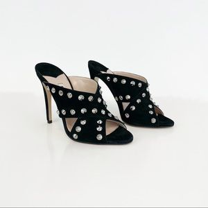 Miu Miu Black Suede Leather Crossover Slip On Heels Silver Studs Size 36